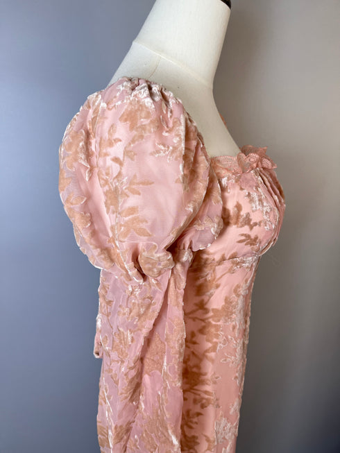 Blush Pink Regency Era Dress with Puff Sleeves and Floral Embroidery - Blush Pink Regency Era Dress Plus Size